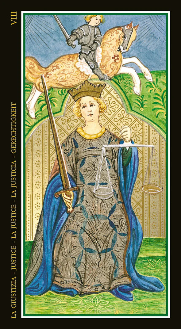 Justice Card VIII from a tarot deck featuring a woman with a sword and scale, and a knight on a horse in the background.