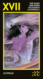 Card from a tarot deck featuring a stylized illustration of a woman with a large hat and star design, labeled 'XVII The Stars'.