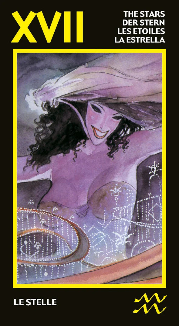 Card from a tarot deck featuring a stylized illustration of a woman with a large hat and star design, labeled 'XVII The Stars'.