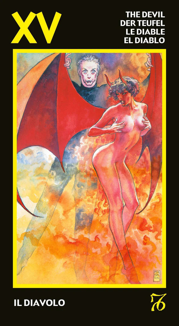 Tarot card featuring a nude figure with a large red circle and another figure with horns, titled 'Il Diavolo'.