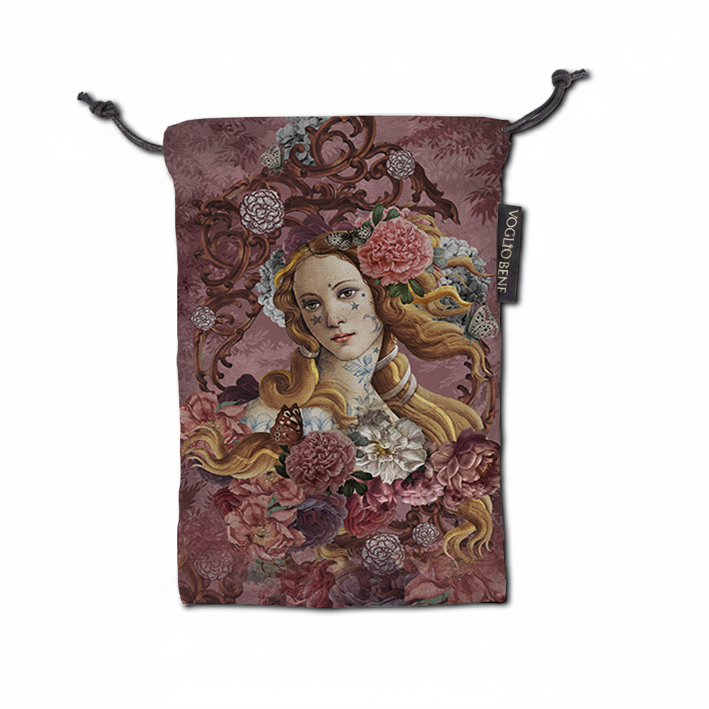 Decorative pouch with floral design and portrait on a white background