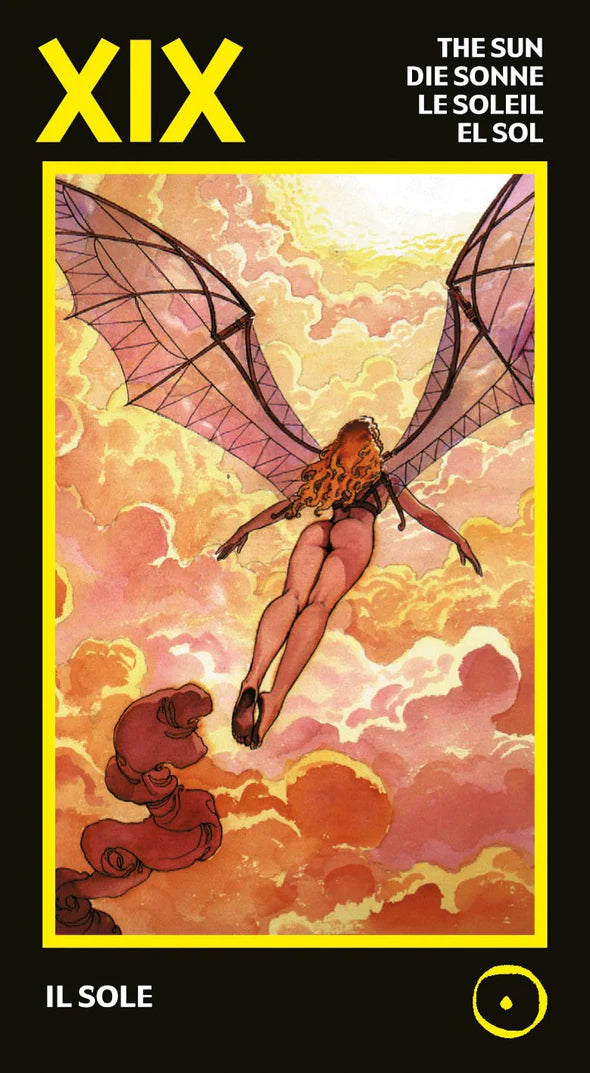 Tarot card featuring a winged figure in a cloud-filled sky with 'XIX' and 'Il Sole' text.