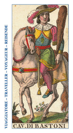 Vintage-style illustration of a traveler with a horse, labeled 'Cav. Di Bastoni'.