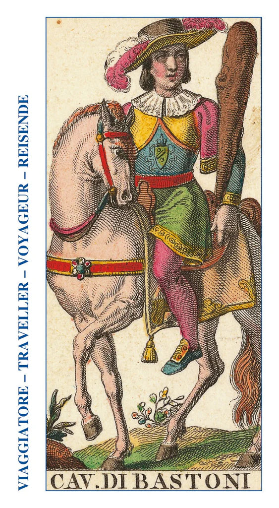 Vintage-style illustration of a traveler with a horse, labeled 'Cav. Di Bastoni'.