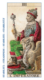 Vintage tarot card featuring a figure holding a scepter with text 'III L'IMPERATORE' and 'STABILITÓ - STEADINESS - STABILITÔ'.