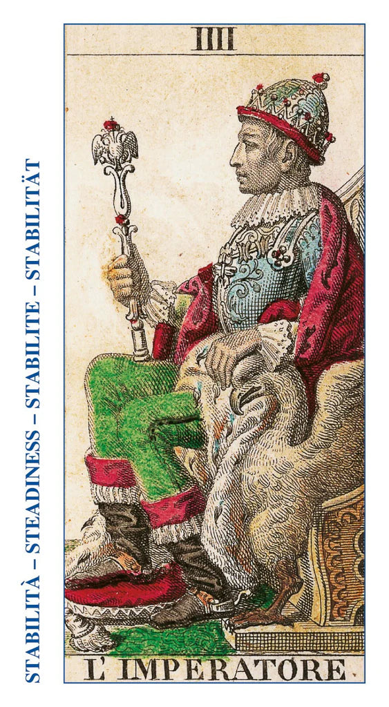 Vintage tarot card featuring a figure holding a scepter with text 'III L'IMPERATORE' and 'STABILITÓ - STEADINESS - STABILITÔ'.
