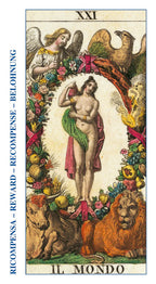 Tarot card titled 'Il Mondo' with colorful design and text in German