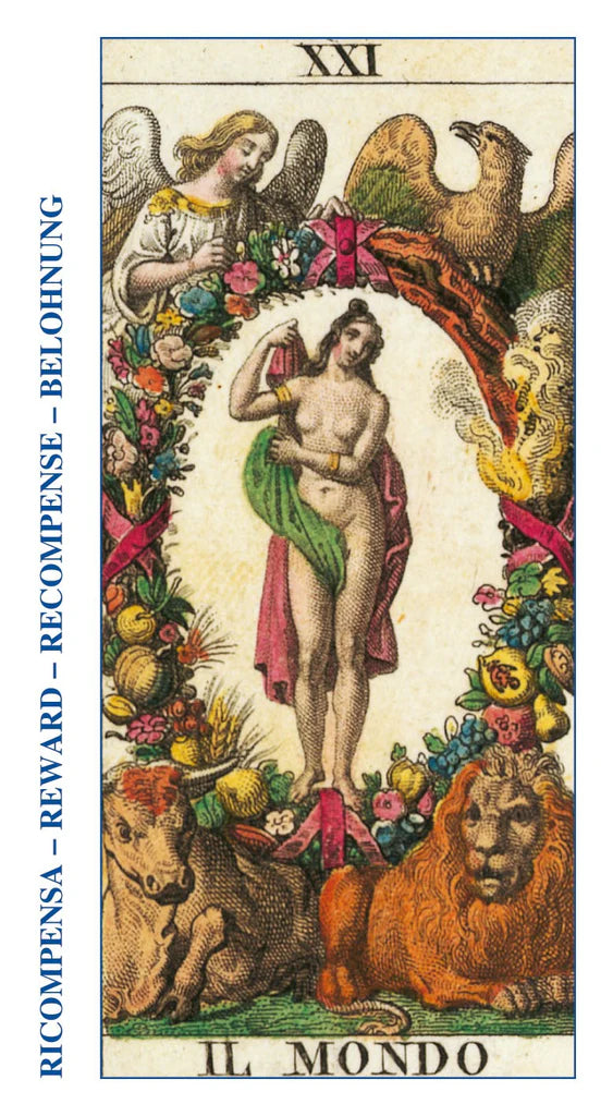Tarot card titled 'Il Mondo' with colorful design and text in German