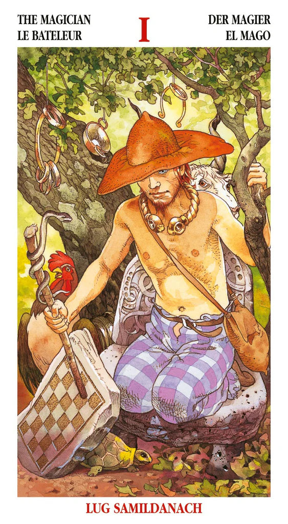 Tarot card featuring a figure in a forest with a rooster, held by Lug Samildanach.