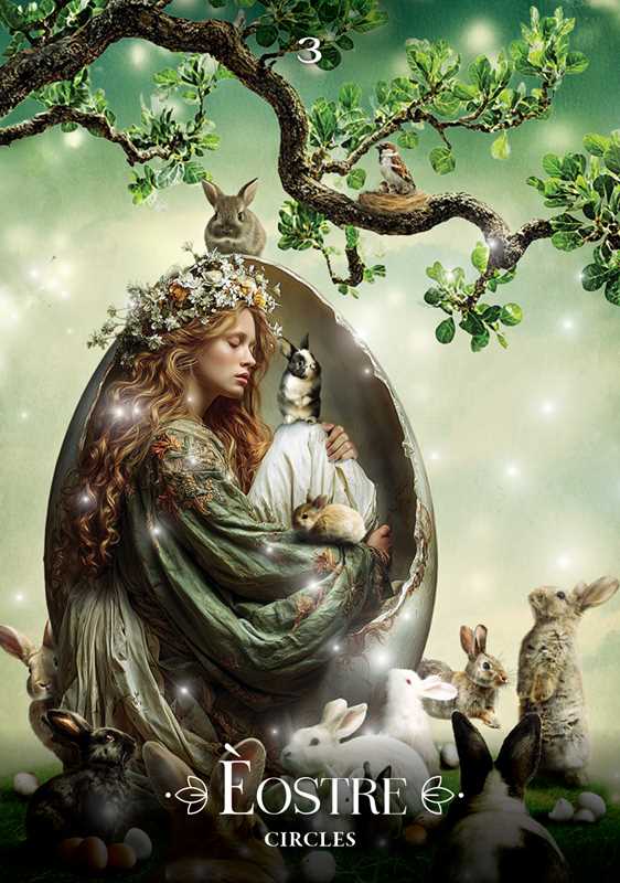Fantasy-style artwork for Éostre Circles featuring a woman in a forest-like setting inside a large cracked egg, surrounded by rabbits, with a tree branch overhead and the title Éostre Circles at the bottom.