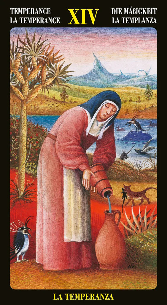 Card from a tarot deck titled 'La Temperanza' with a woman pouring water, set against a scenic landscape.
