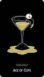Ace of Cups tarot card with a cocktail glass and gold liquid on a black background