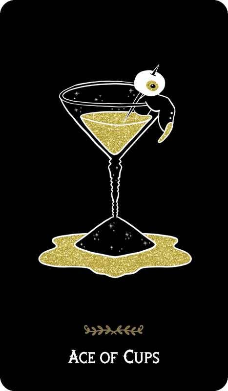 Ace of Cups tarot card with a cocktail glass and gold liquid on a black background