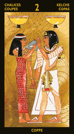 Tarot card with two figures holding bowls, labeled 'Chalices' and 'Kelche', on a gold background.