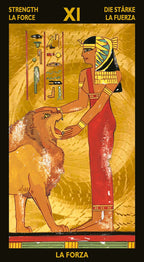 Tarot card featuring an Egyptian-themed figure with a lion, labeled 'Strength' in multiple languages.