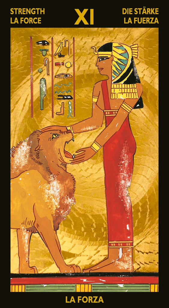 Tarot card featuring an Egyptian-themed figure with a lion, labeled 'Strength' in multiple languages.