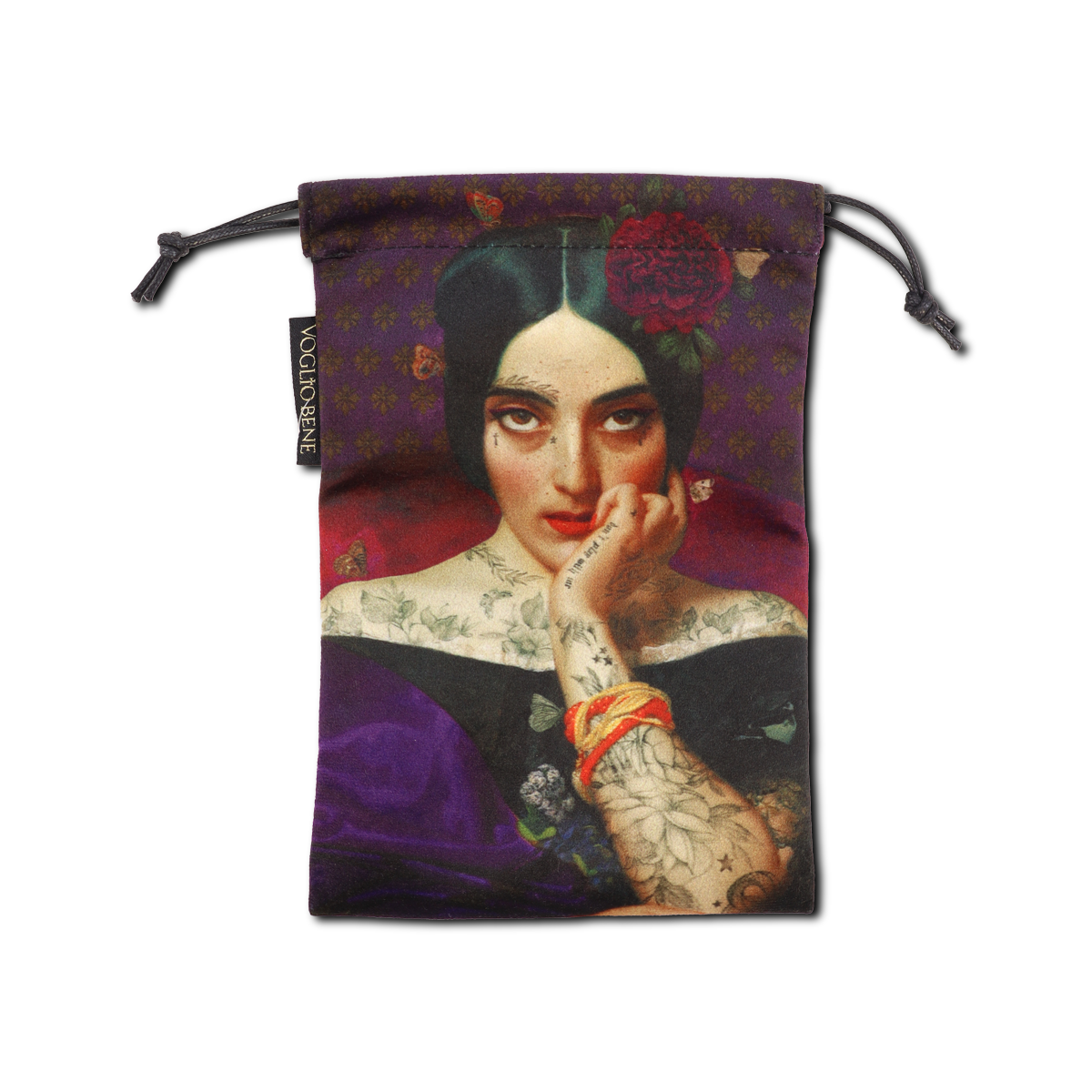 Drawstring pouch with a design of a woman with tattoos and a flower in her hair on a white background.