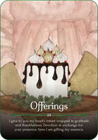 Illustration of a cake with candles on a card titled 'Offerings'.