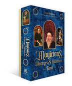 Tarot card box titled 'Magicians: Martyrs & Madmen' with portraits on a blue background