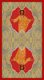 Decorative card with two images of a person in a red and gold frame on a red and gray patterned background.