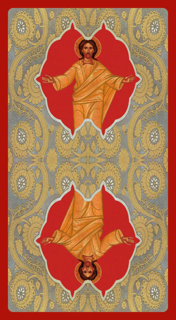 Decorative card with two images of a person in a red and gold frame on a red and gray patterned background.