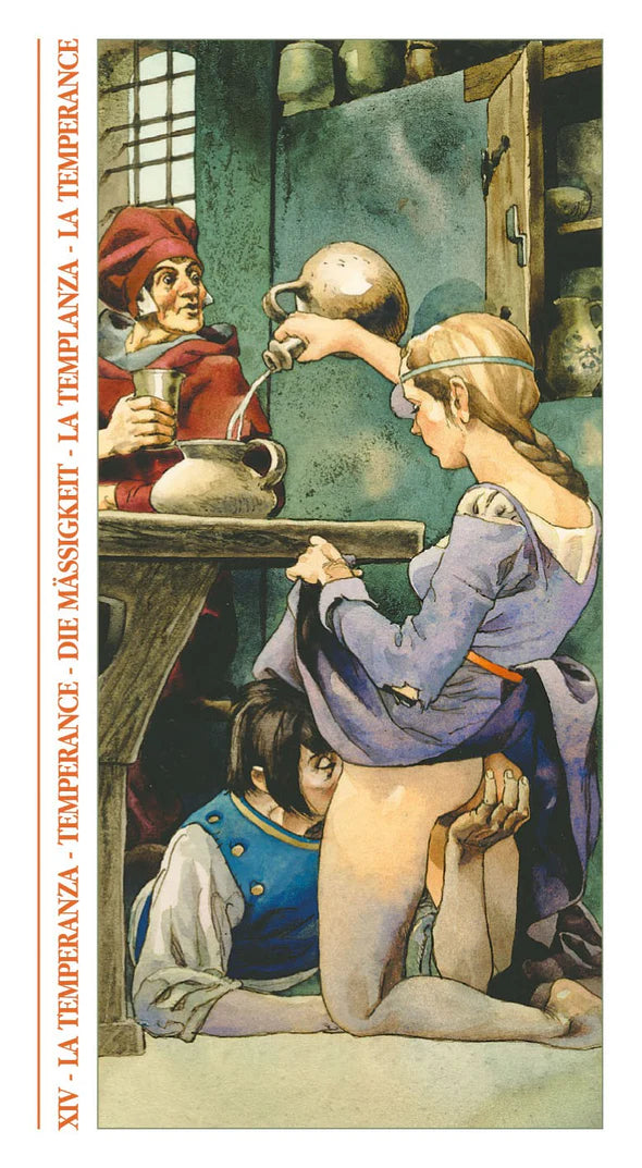 Artistic depiction of a scene from the Decameron Tarot. A couple engages in a sexual act while a man in red watches.