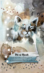Watercolor-style art print featuring a cat face with closed eyes, surrounded by abstract washes of beige, brown, gray, and soft blue. A banner at the bottom reads 'New Moon' with the text 'Fresh Start.