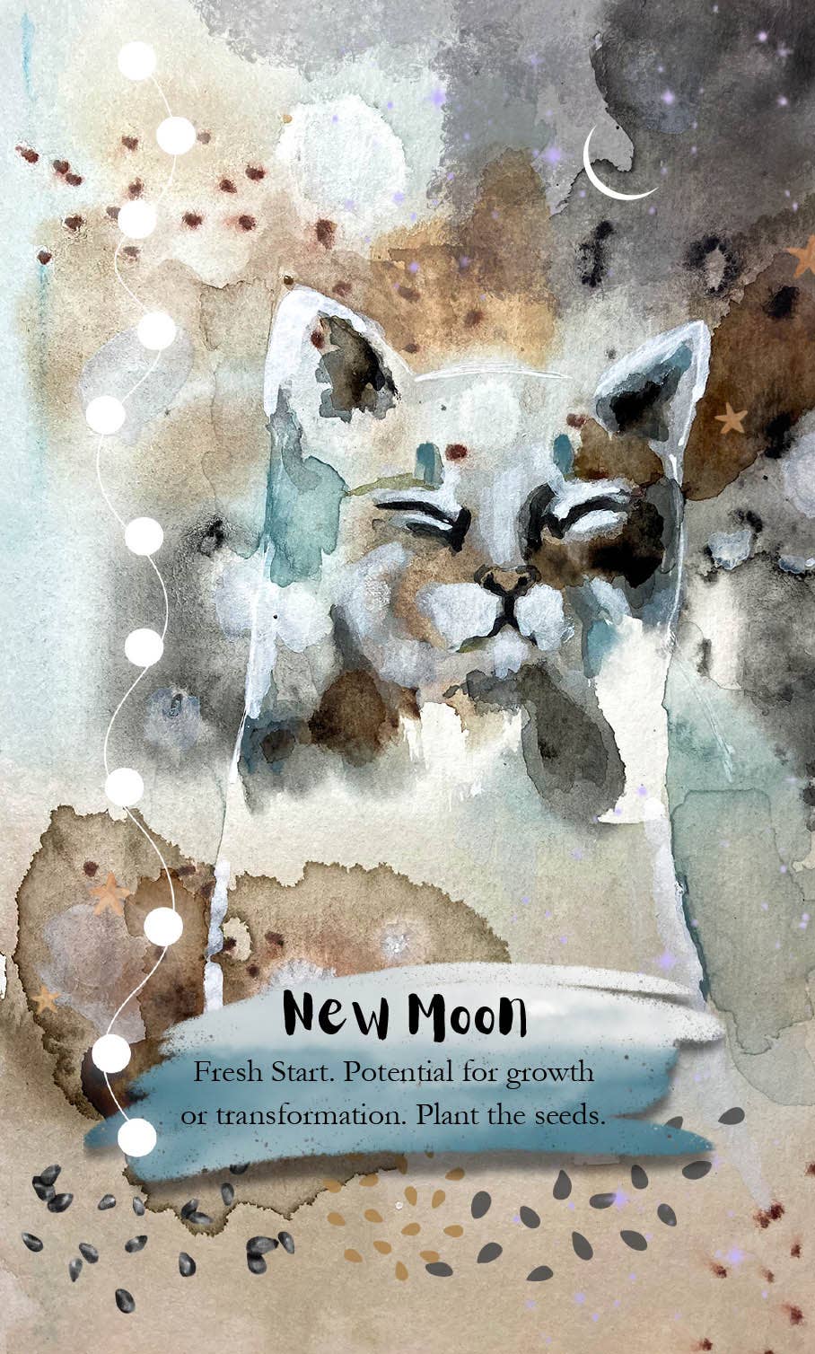 Watercolor-style art print featuring a cat face with closed eyes, surrounded by abstract washes of beige, brown, gray, and soft blue. A banner at the bottom reads 'New Moon' with the text 'Fresh Start.