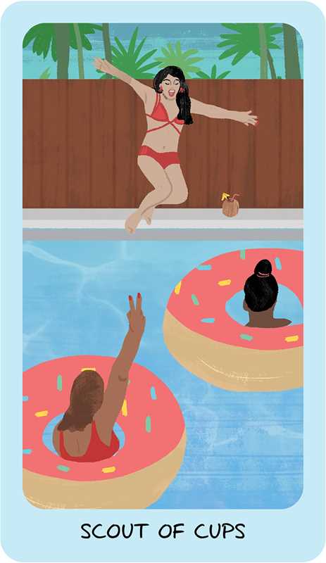 Illustration of a woman jumping into a pool with two people on donut floats, labeled 'Scout of Cups'.