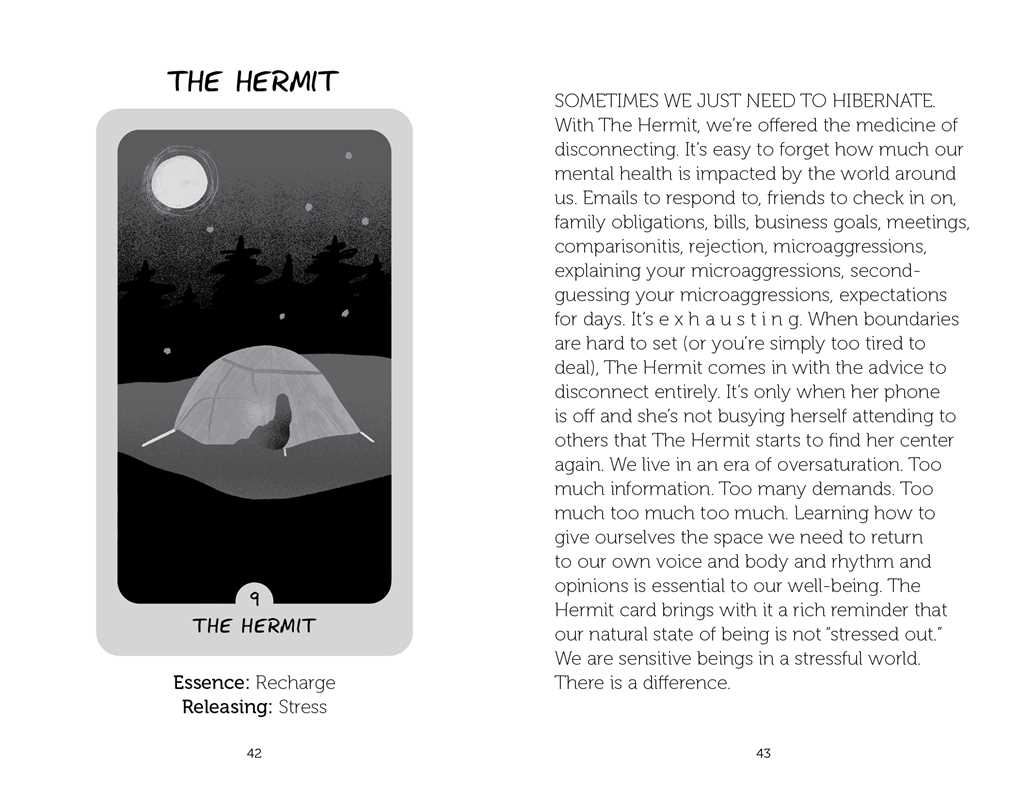 A printed page from a journal or book featuring a black-and-white illustration of a woman in a white dress standing in a dark room, with the title 'THE HERMIT' at the top. The right side contains reflective text about mental health and disconnection, and the bottom left includes 'Essence: Recharge Releasing: Stress' with page numbers 42 and 43.