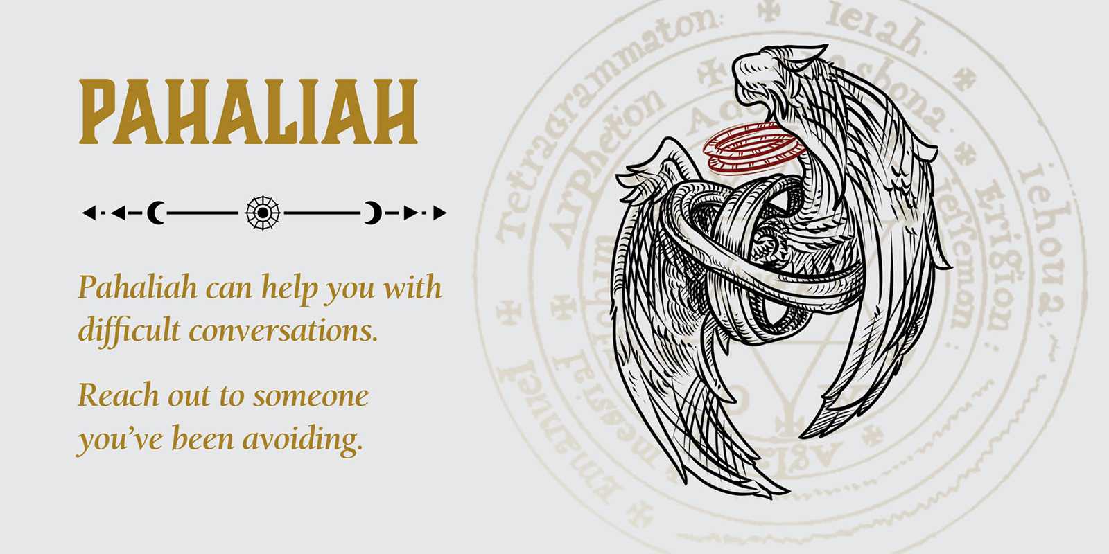 Decorative design with an eagle and snake entwined, featuring text about 'Pahaliah'.
