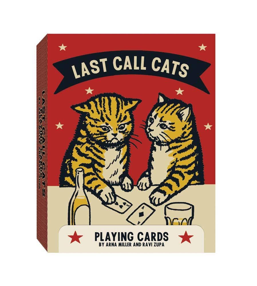 Playing cards box with two cats at a table, labeled 'Last Call Cats'.