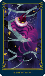 Card featuring a purple cat with large eyes and open mouth, sitting on a branch against a starry night sky.