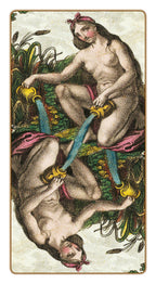 Vintage-style illustration of two nude figures with colorful ribbons in a natural setting.