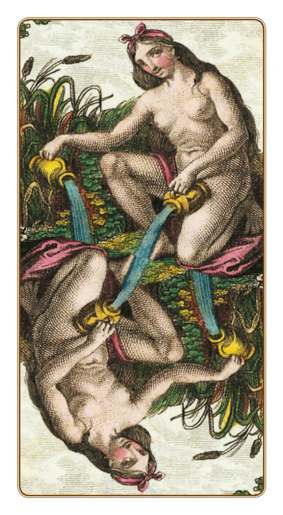 Vintage-style illustration of two nude figures with colorful ribbons in a natural setting.