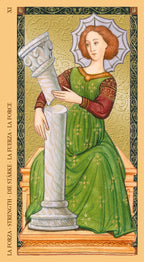 Card from a tarot deck featuring a woman holding a column against a decorative border.