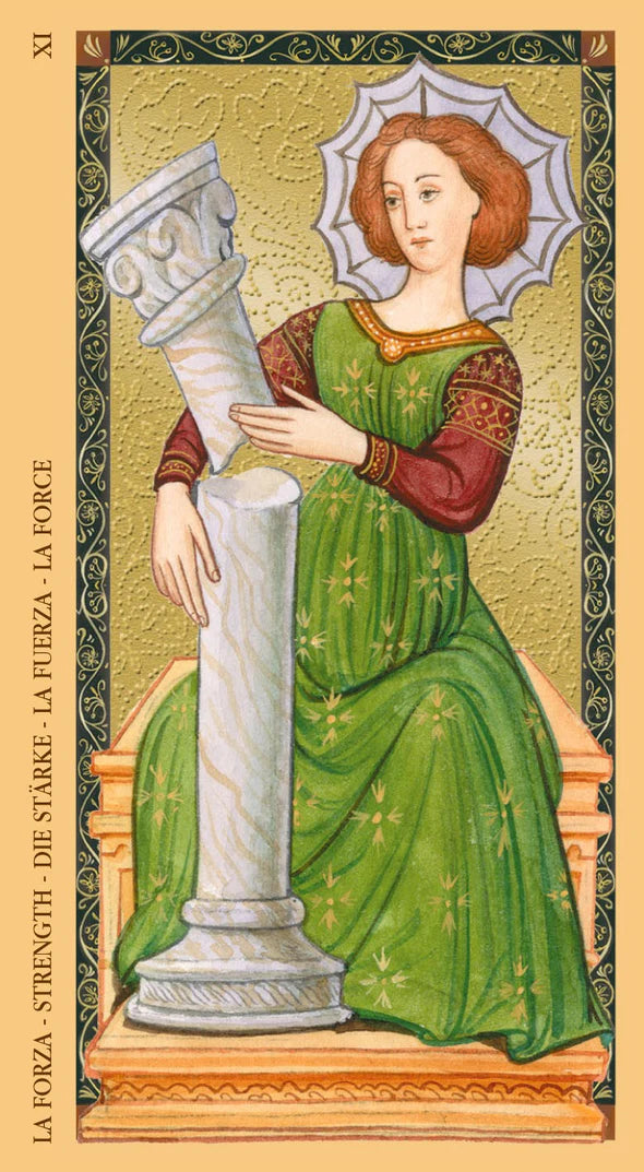 Card from a tarot deck featuring a woman holding a column against a decorative border.