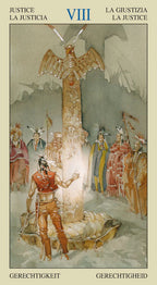 Card featuring a central figure with an eagle emblem, surrounded by other figures, on a white background.