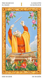Tarot card titled 'The Magician' with a cat in a robe holding a wand, framed by decorative elements.