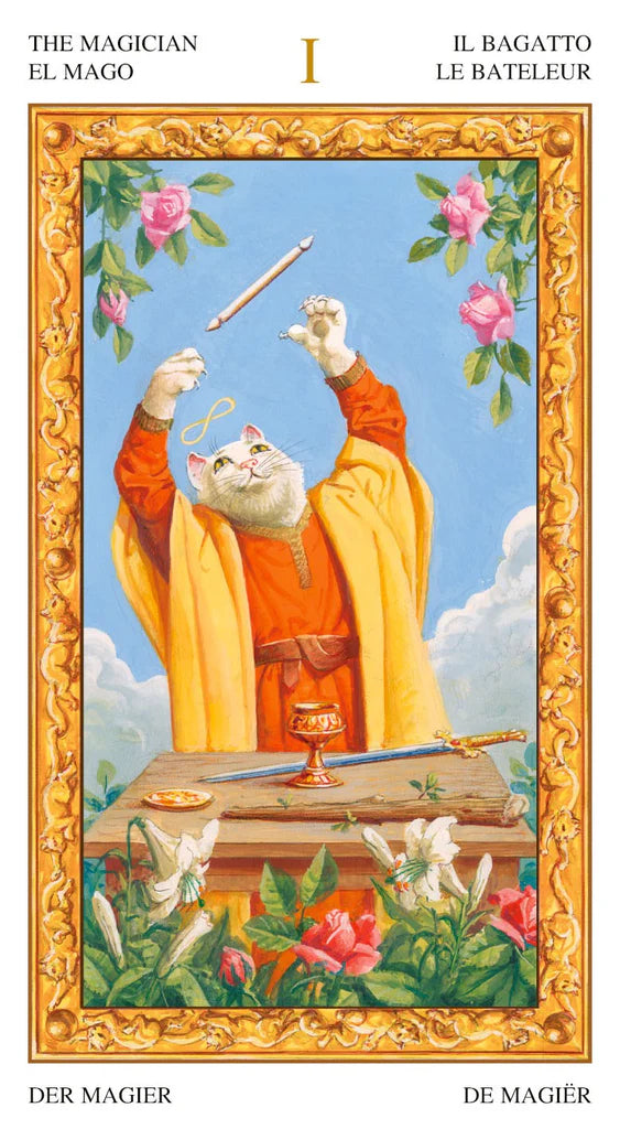 Tarot card titled 'The Magician' with a cat in a robe holding a wand, framed by decorative elements.