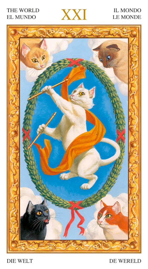 Tarot card titled 'The World' with four cats and a decorative border.