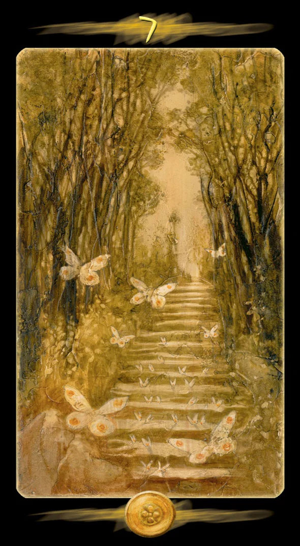 Decorative card with a fairy pathway and butterflies, featuring a gold emblem at the top and bottom.