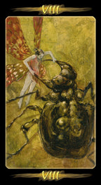 Tarot card with a fairy on a beetle, symbolizing the number 8.