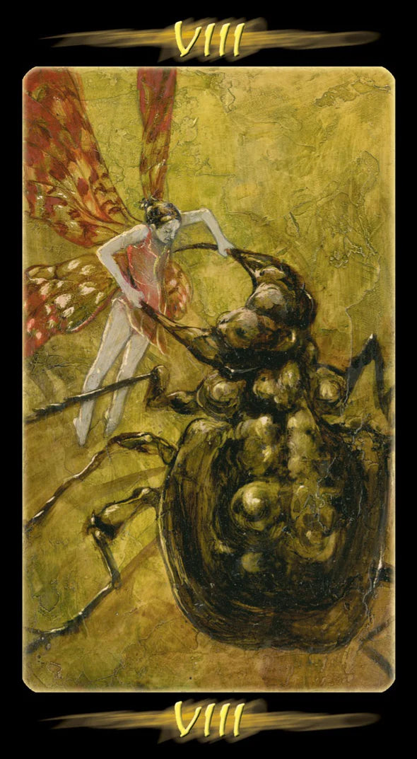 Tarot card with a fairy on a beetle, symbolizing the number 8.