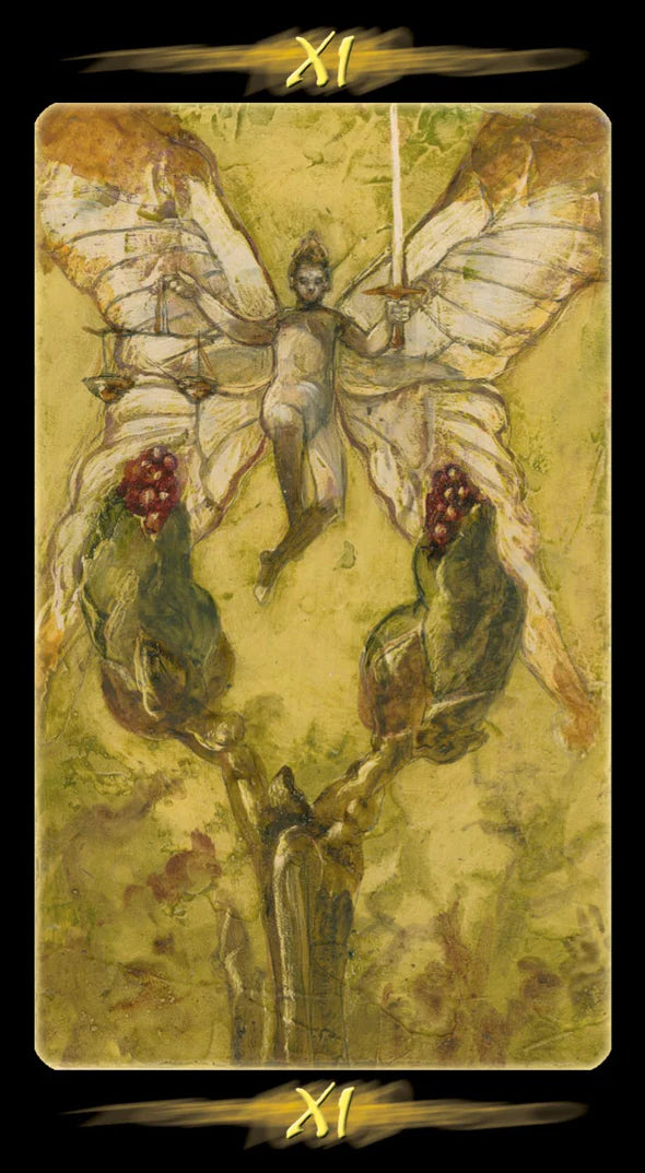 Tarot card with a fairy and two fairies on a dark background