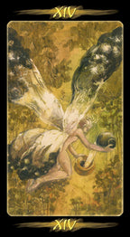 Tarot card with a fairy and snake on a dark background