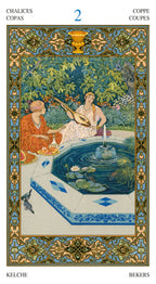 Decorative illustration of two people by a fountain with intricate border design.