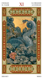Decorative card with a dragon and warrior design, featuring intricate border and text.