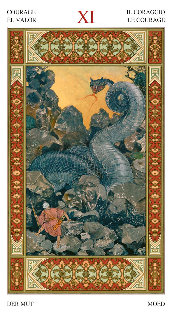Decorative card with a dragon and warrior design, featuring intricate border and text.