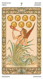 Tarot card with a figure blowing a horn, surrounded by gold circles, on a decorative border.